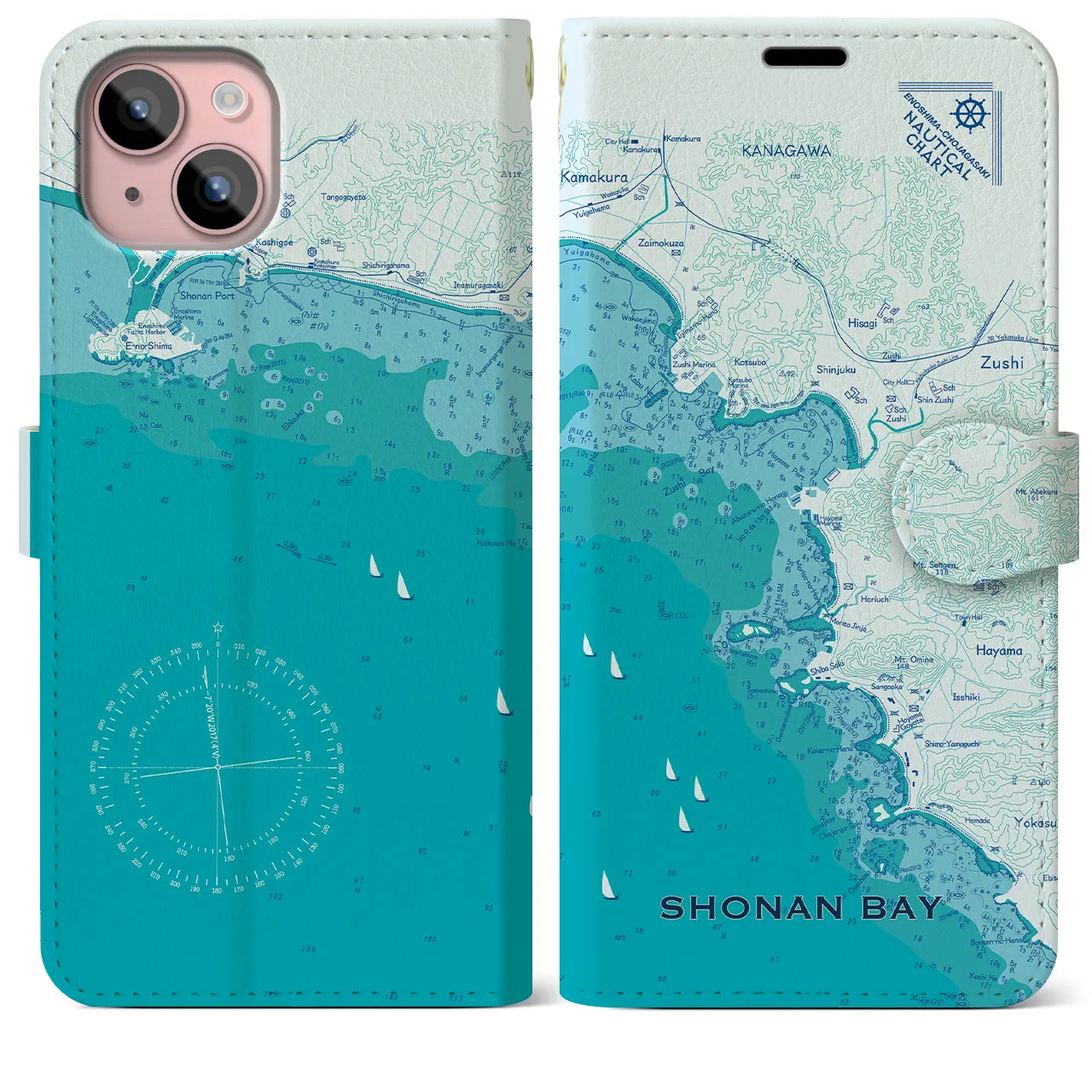 【湘南海岸(神奈川県)】海図iPhoneケース(手帳タイプ)ブルー・iPhone 15 Plus 用