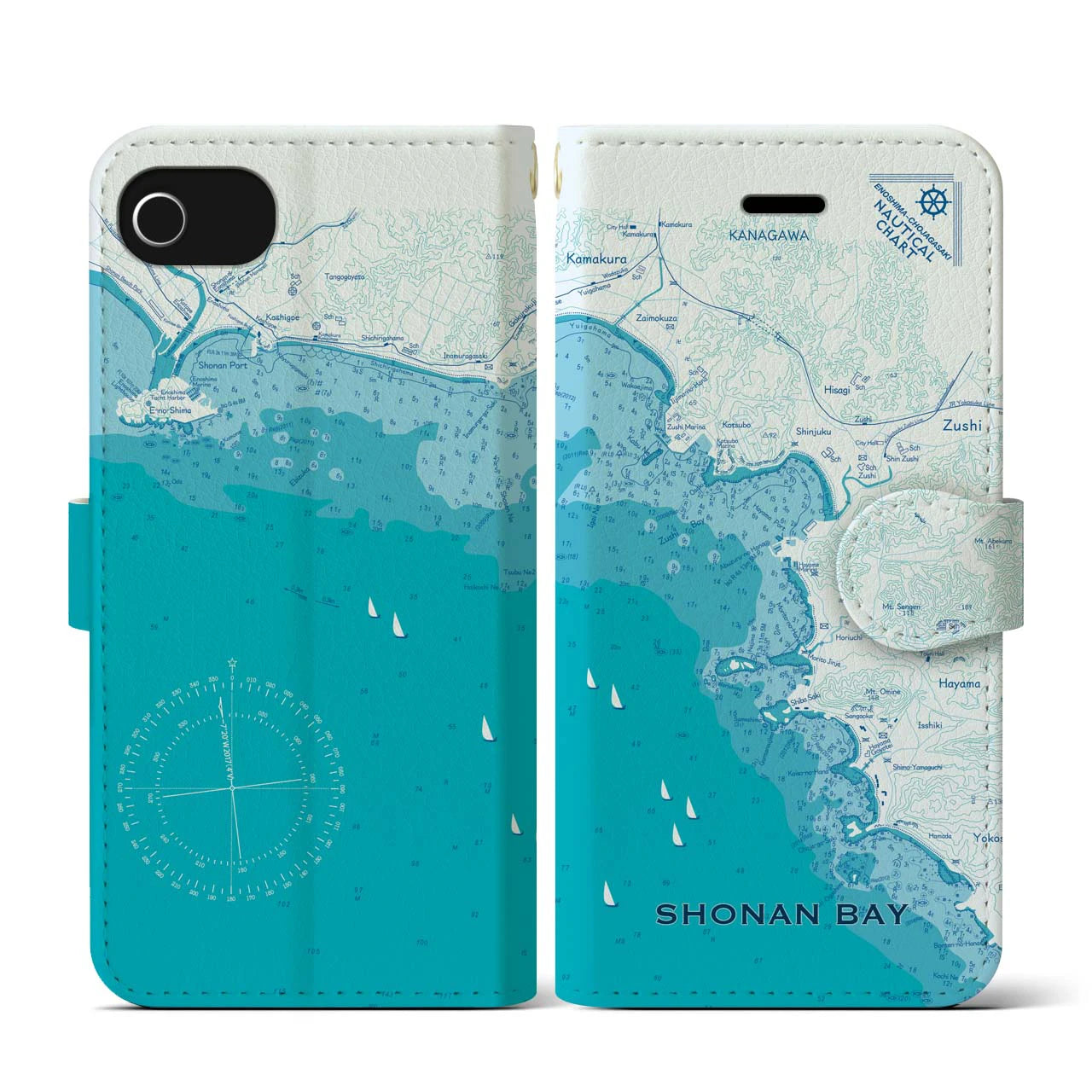【湘南海岸(神奈川県)】海図iPhoneケース(手帳タイプ)ブルー・iPhone SE(第3 / 第2世代) / 8 / 7 / 6s / 6 用