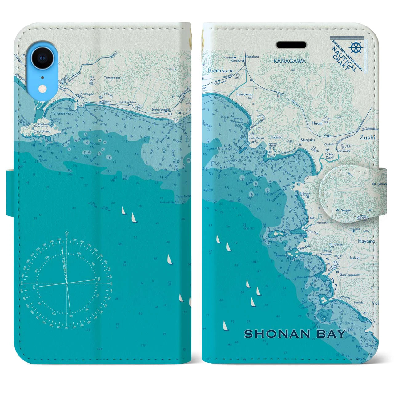 【湘南海岸(神奈川県)】海図iPhoneケース(手帳タイプ)ブルー・iPhone XR 用