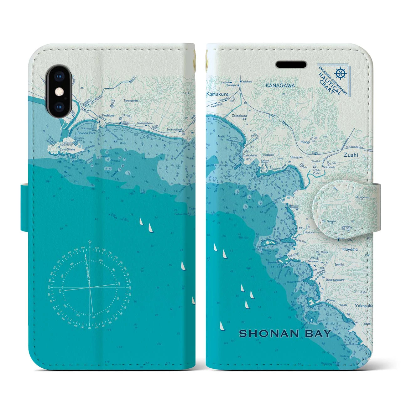 【湘南海岸(神奈川県)】海図iPhoneケース(手帳タイプ)ブルー・iPhone XS / X 用