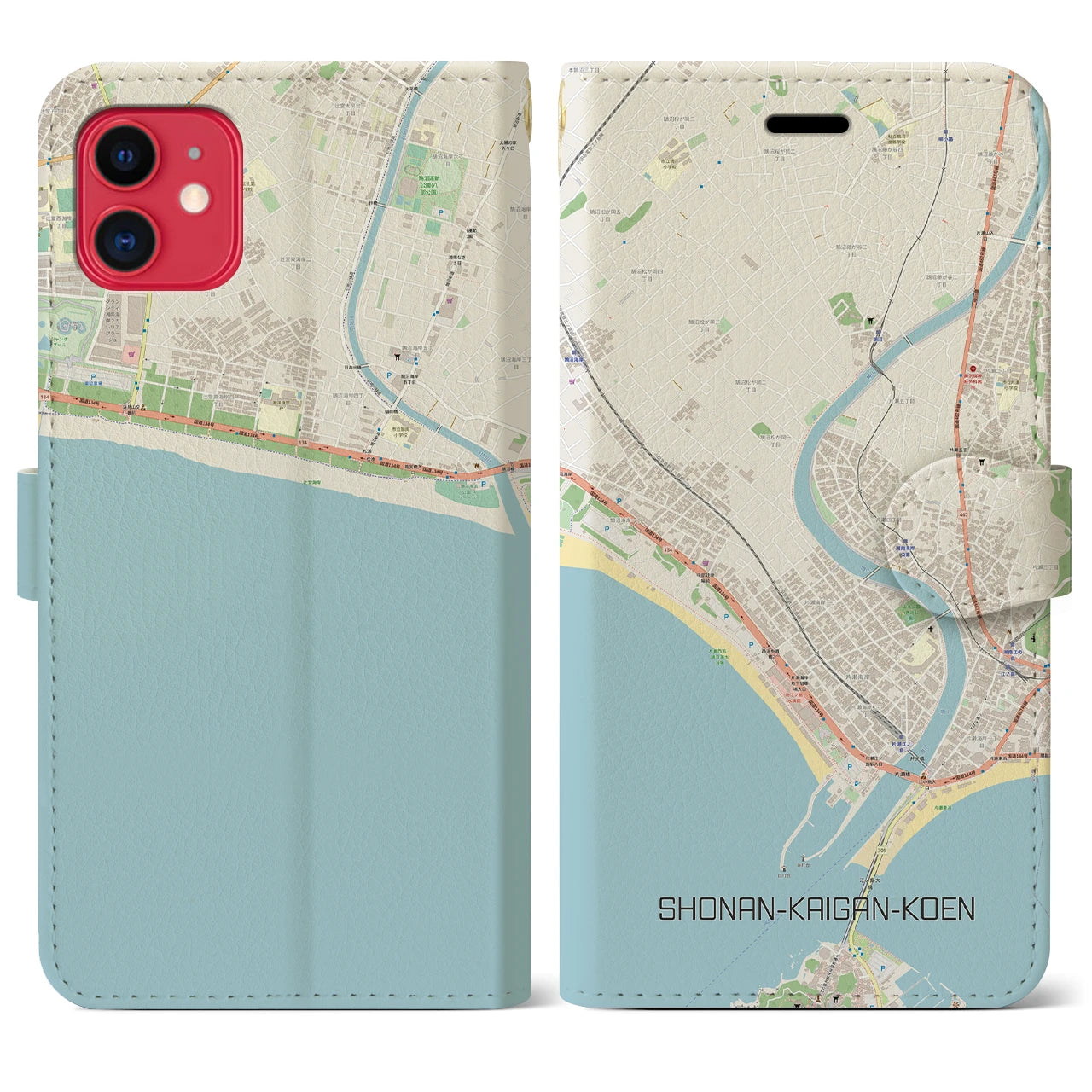 【湘南海岸公園(神奈川県)】地図柄iPhoneケース(手帳タイプ)ナチュラル・iPhone 11 用