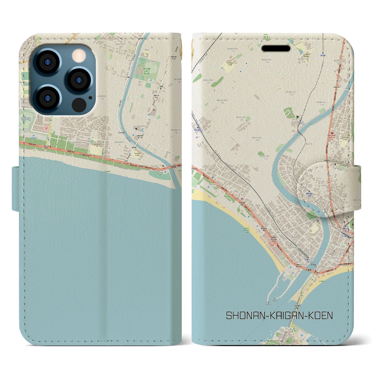 【湘南海岸公園(神奈川県)】地図柄iPhoneケース(手帳タイプ)ナチュラル・iPhone 12 / 12 Pro 用