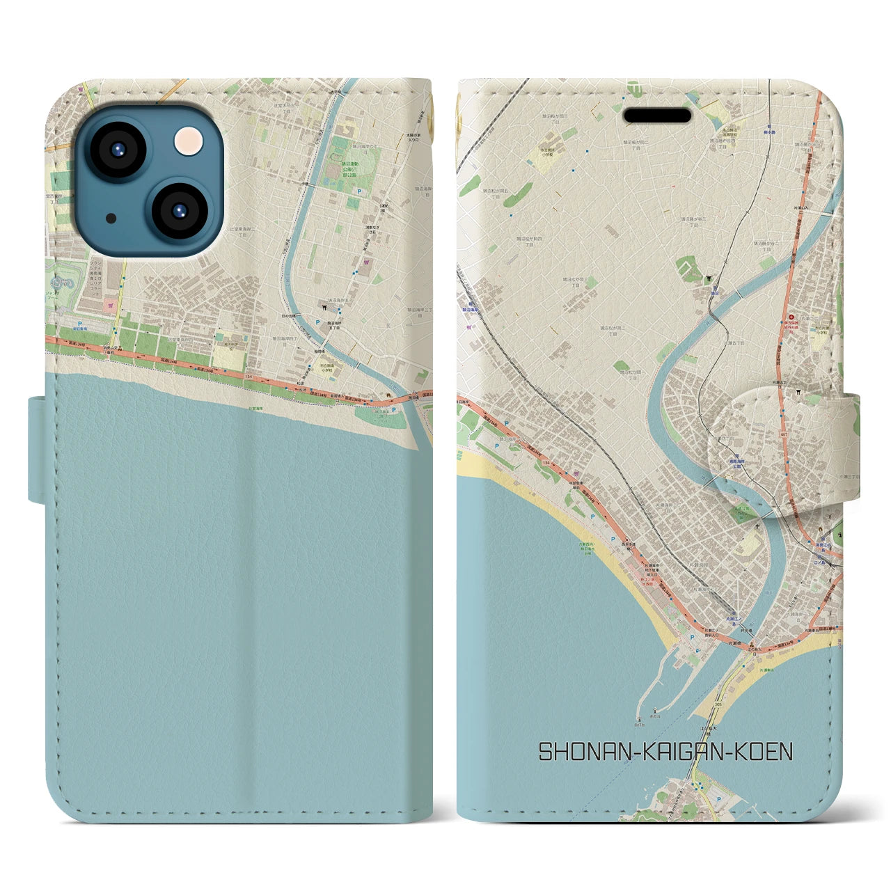 【湘南海岸公園(神奈川県)】地図柄iPhoneケース(手帳タイプ)ナチュラル・iPhone 13 用