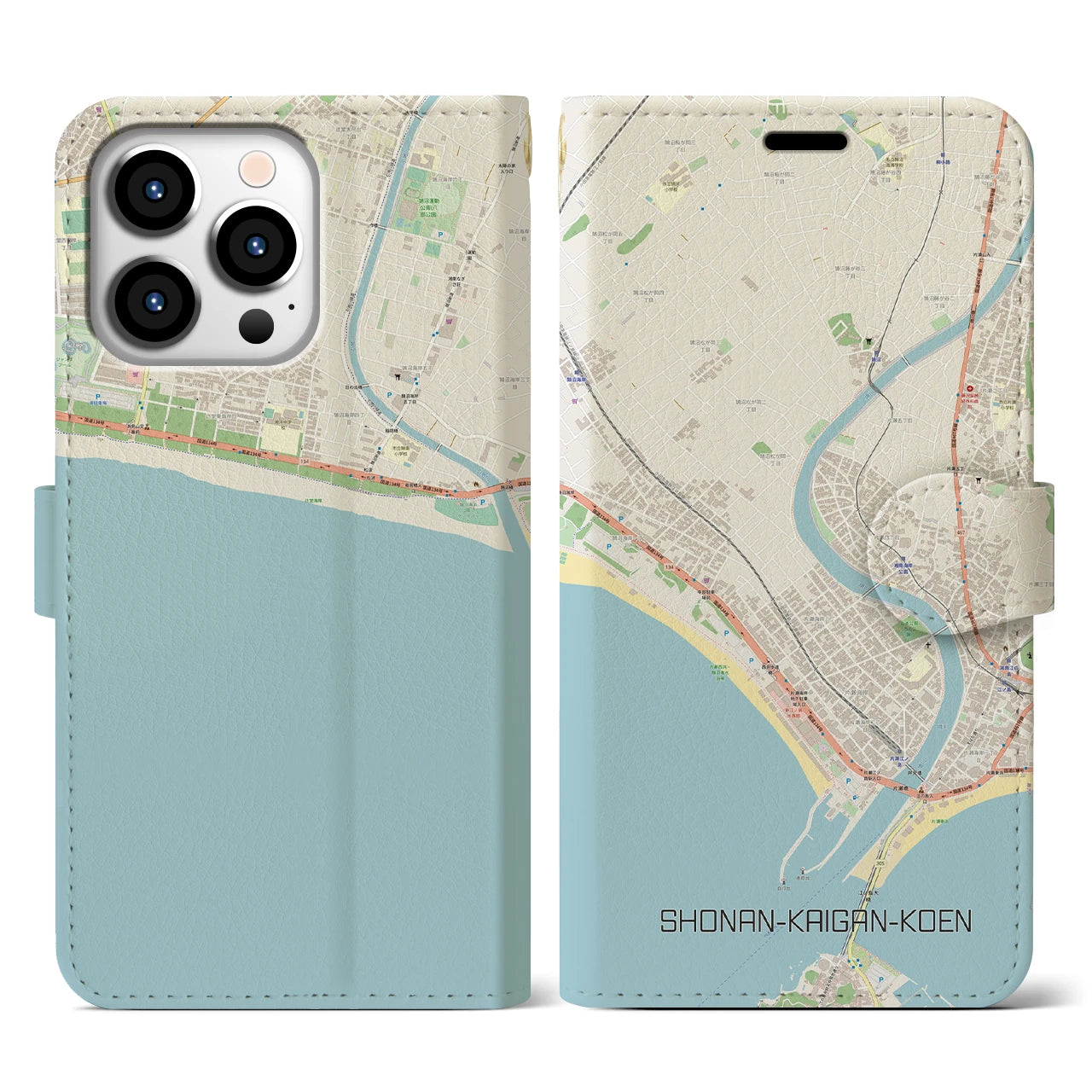 【湘南海岸公園(神奈川県)】地図柄iPhoneケース(手帳タイプ)ナチュラル・iPhone 13 Pro 用