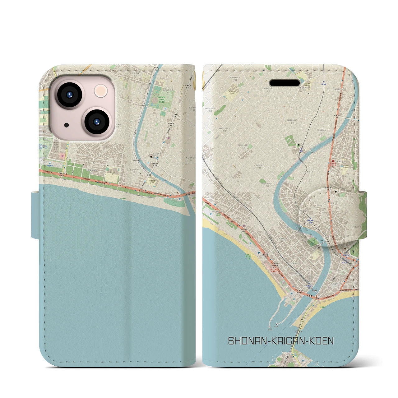 【湘南海岸公園(神奈川県)】地図柄iPhoneケース(手帳タイプ)ナチュラル・iPhone 13 mini 用