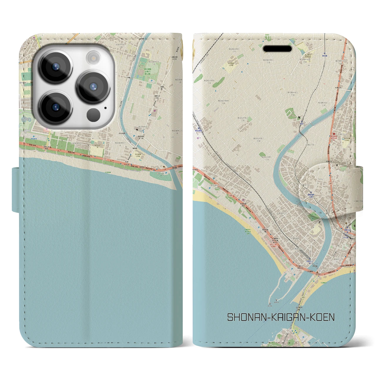 【湘南海岸公園(神奈川県)】地図柄iPhoneケース(手帳タイプ)ナチュラル・iPhone 14 Pro 用