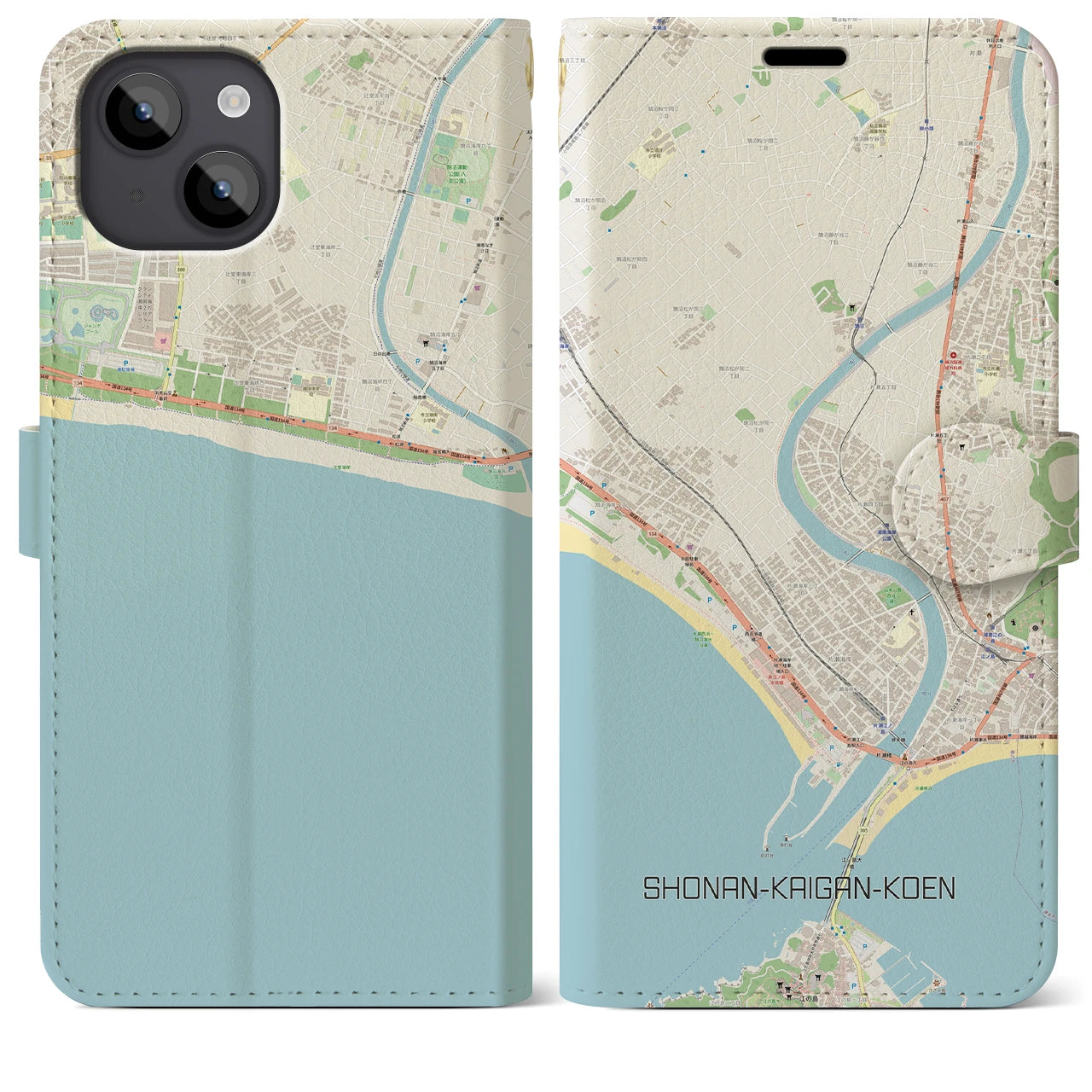 【湘南海岸公園(神奈川県)】地図柄iPhoneケース(手帳タイプ)ナチュラル・iPhone 14 Plus 用