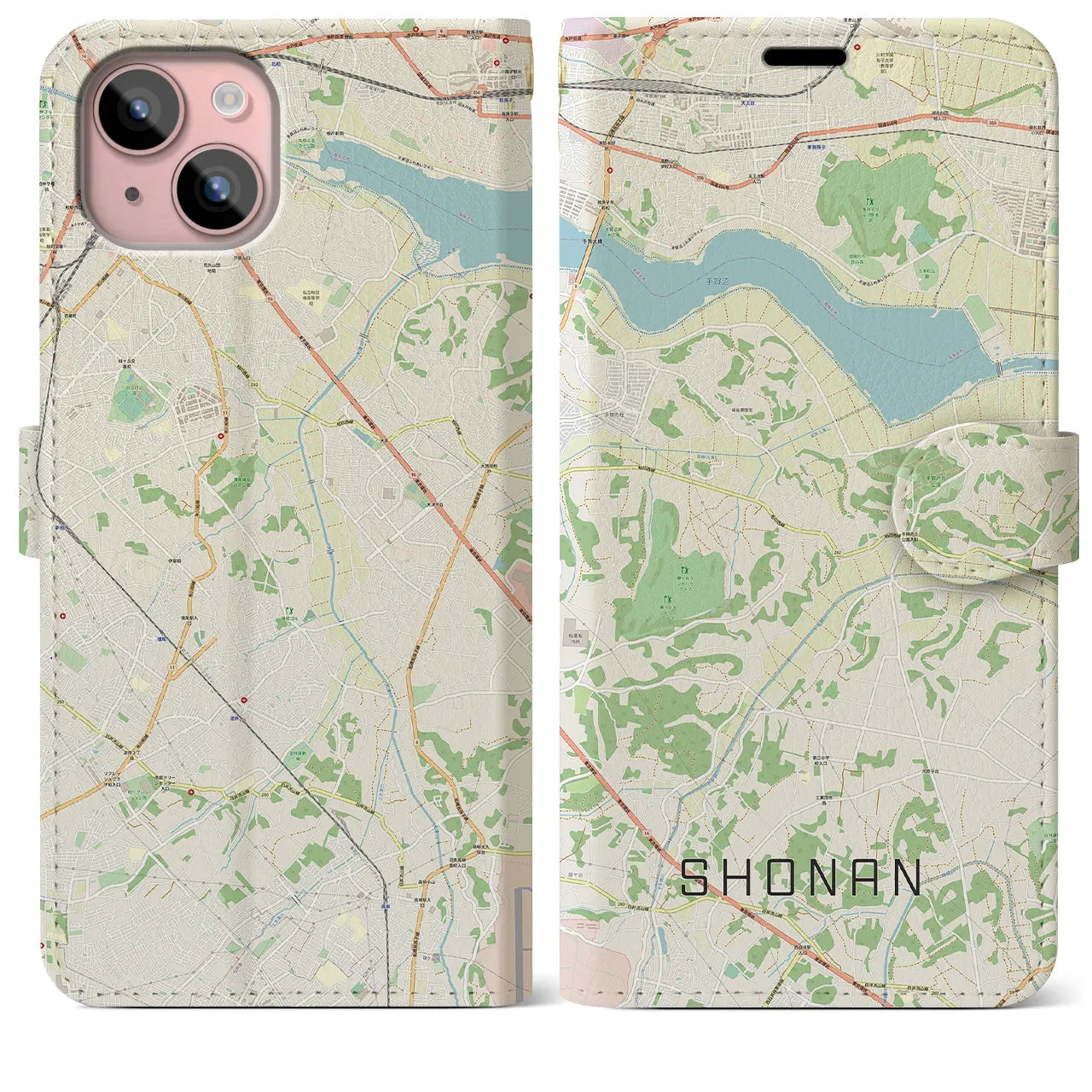 【沼南(千葉県)】地図柄iPhoneケース(手帳タイプ)ナチュラル・iPhone 15 Plus 用