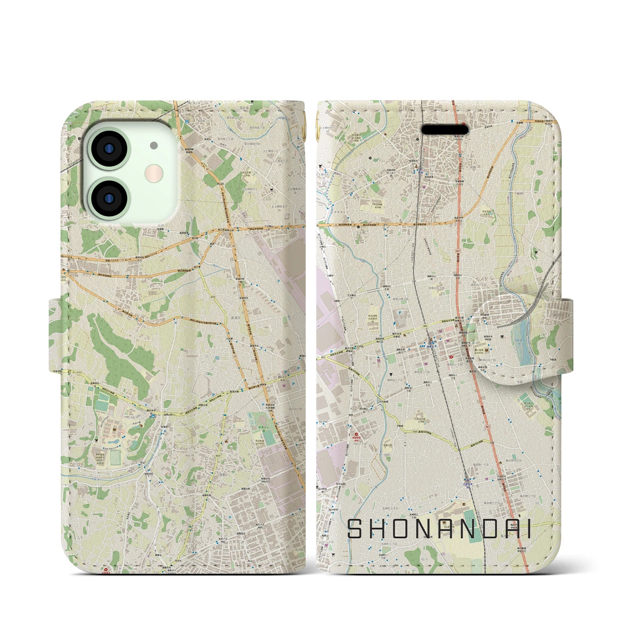 【湘南台(神奈川県)】地図柄iPhoneケース(手帳タイプ)ナチュラル・iPhone 12 mini 用