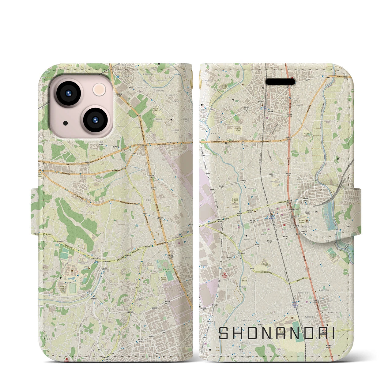 【湘南台(神奈川県)】地図柄iPhoneケース(手帳タイプ)ナチュラル・iPhone 13 mini 用
