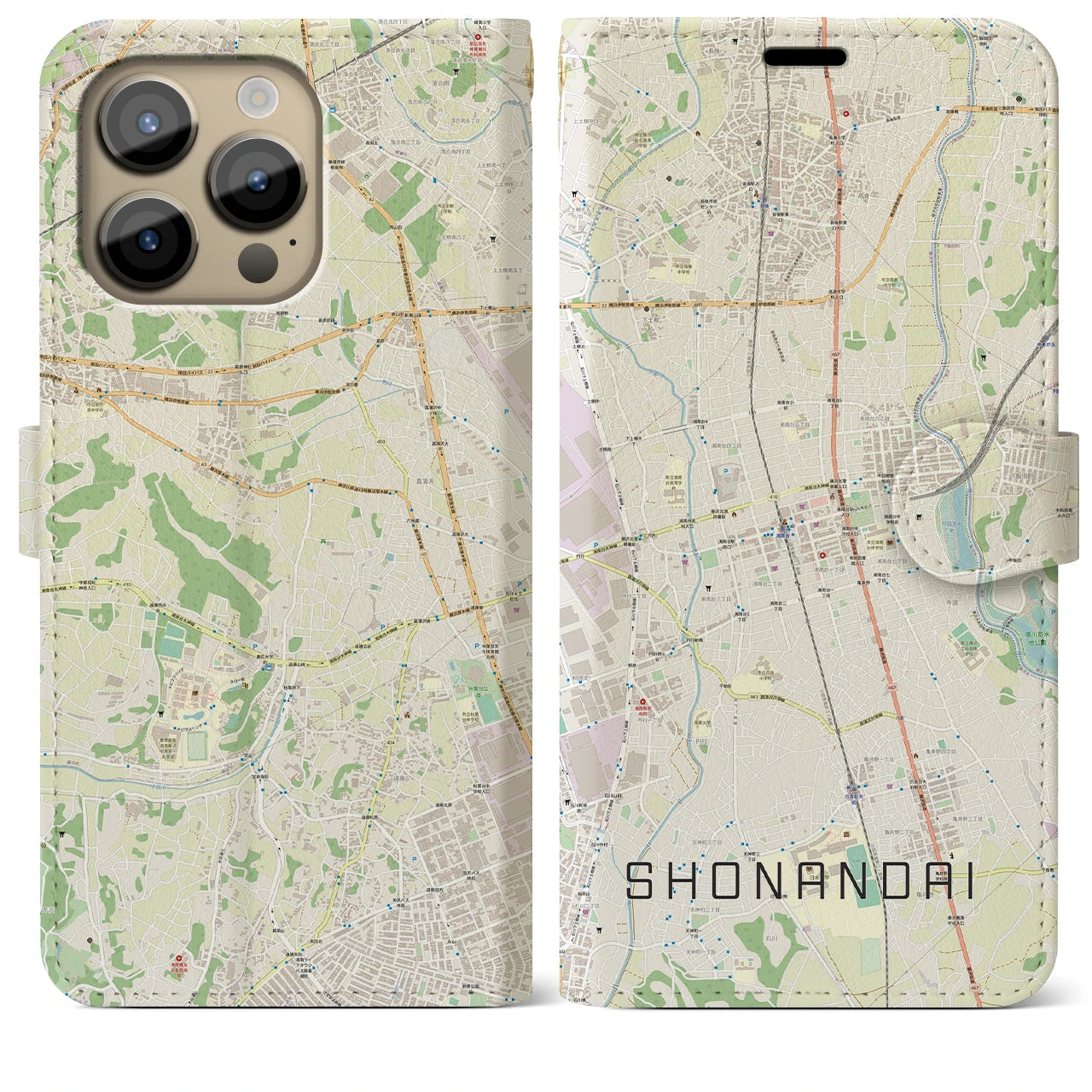 【湘南台(神奈川県)】地図柄iPhoneケース(手帳タイプ)ナチュラル・iPhone 14 Pro Max 用