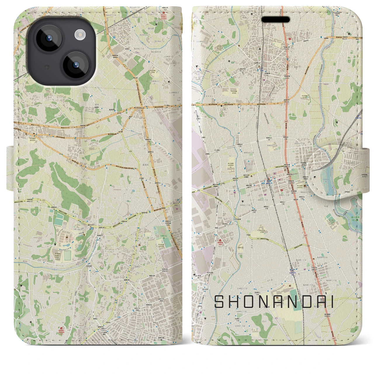 【湘南台(神奈川県)】地図柄iPhoneケース(手帳タイプ)ナチュラル・iPhone 14 Plus 用