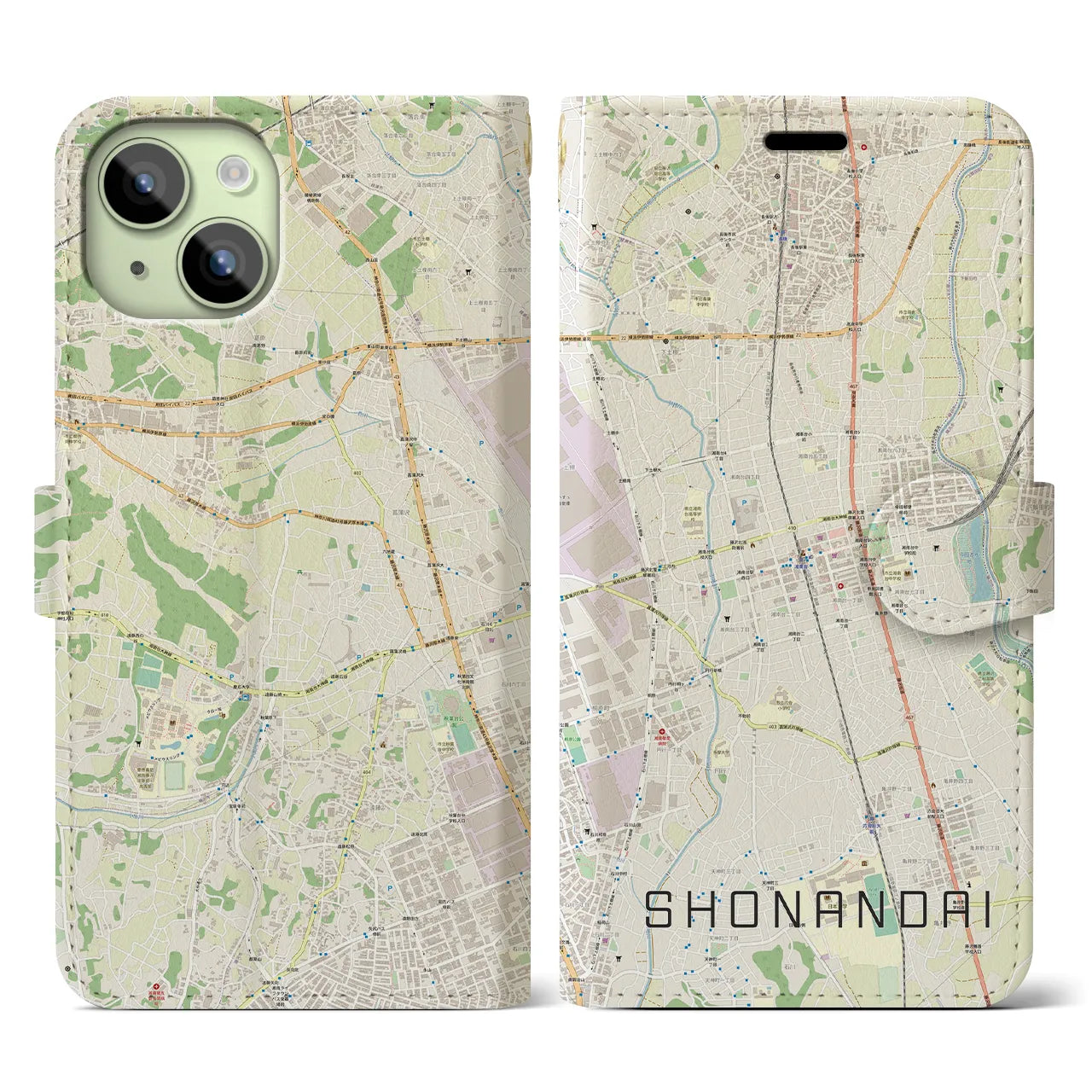 【湘南台(神奈川県)】地図柄iPhoneケース(手帳タイプ)ナチュラル・iPhone 15 用