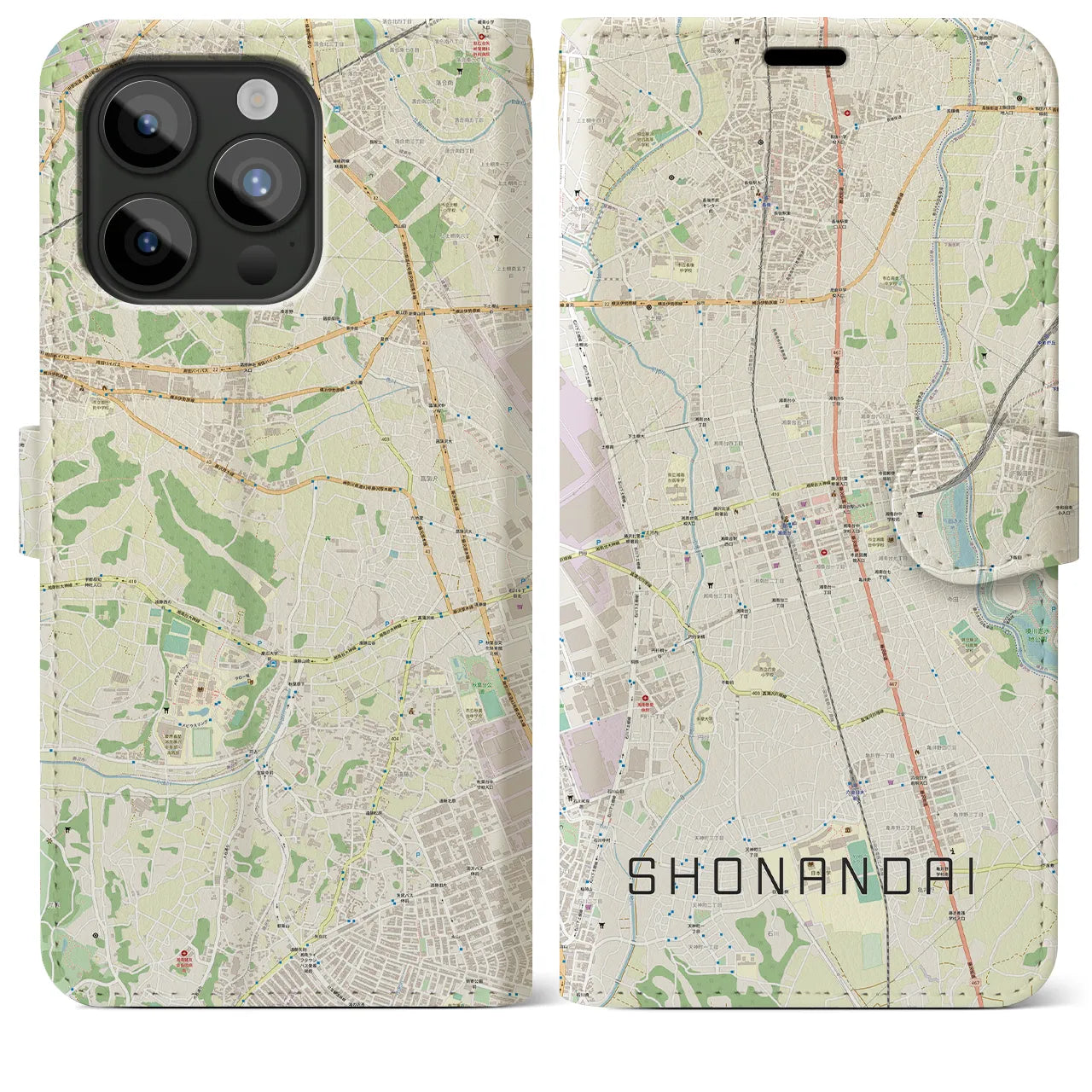 【湘南台(神奈川県)】地図柄iPhoneケース(手帳タイプ)ナチュラル・iPhone 15 Pro Max 用