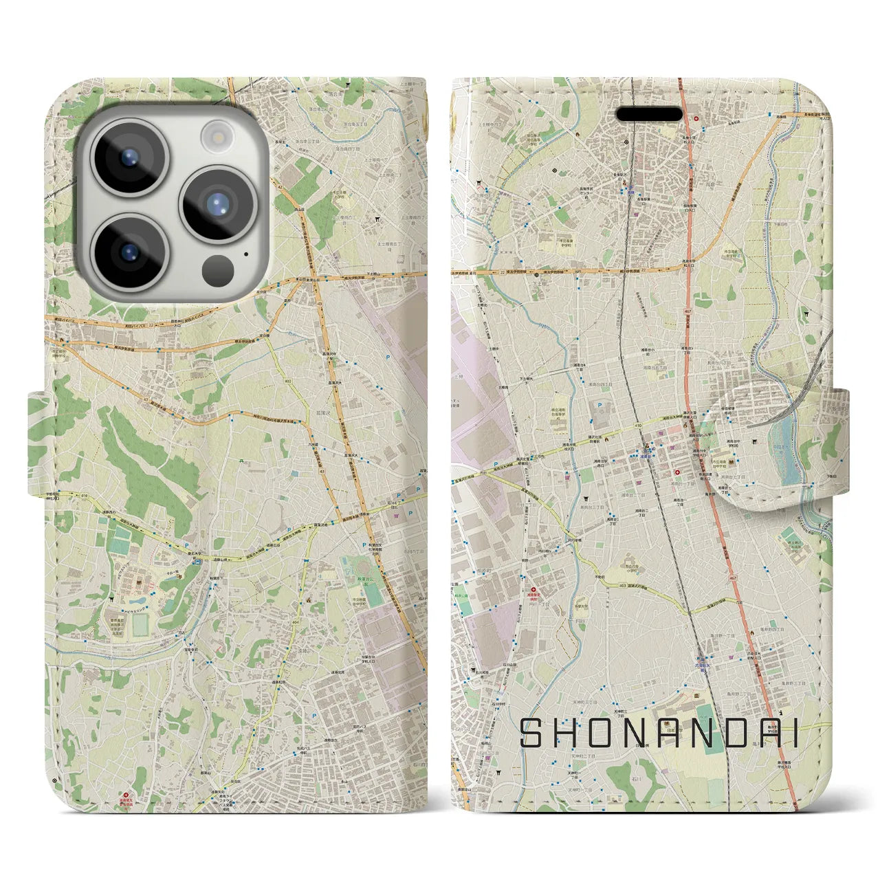 【湘南台(神奈川県)】地図柄iPhoneケース(手帳タイプ)ナチュラル・iPhone 15 Pro 用
