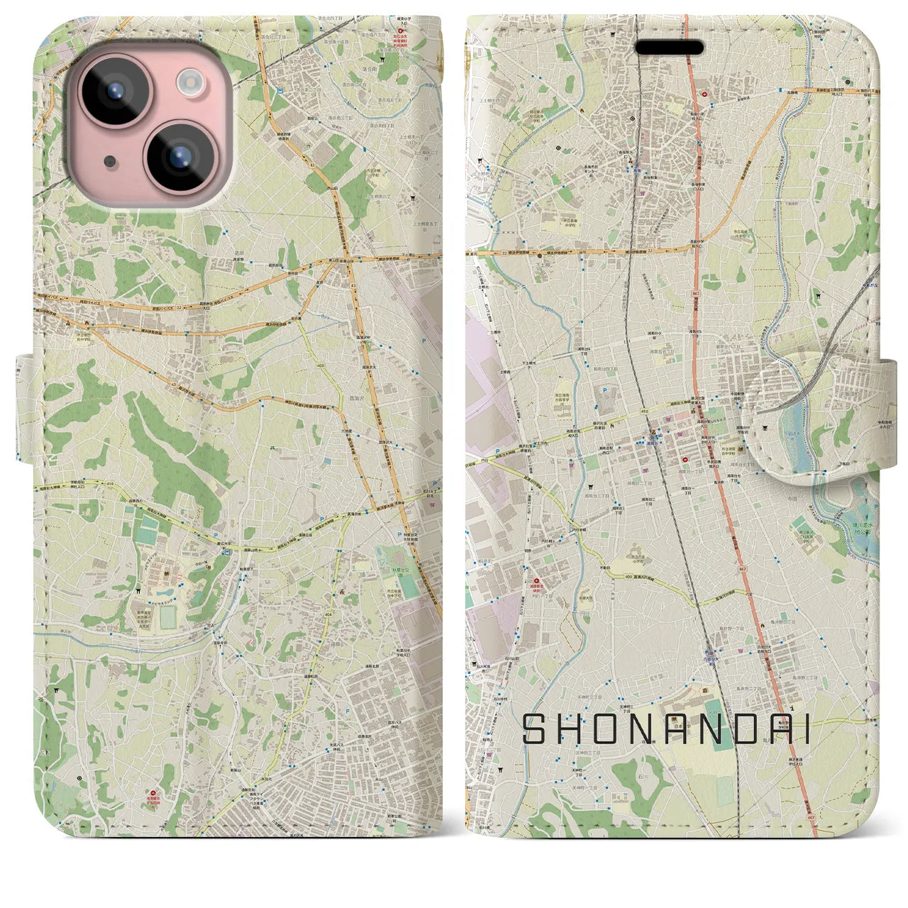 【湘南台(神奈川県)】地図柄iPhoneケース(手帳タイプ)ナチュラル・iPhone 15 Plus 用