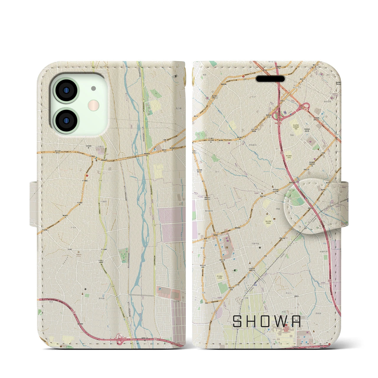 【昭和(山梨県)】地図柄iPhoneケース(手帳タイプ)ナチュラル・iPhone 12 mini 用