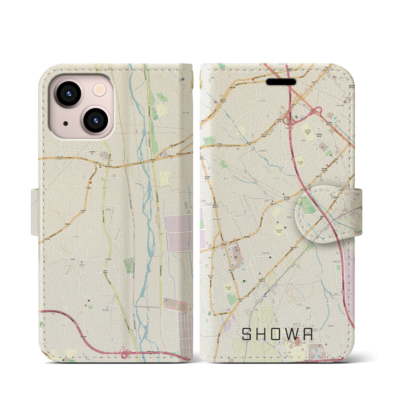 【昭和(山梨県)】地図柄iPhoneケース(手帳タイプ)ナチュラル・iPhone 13 mini 用