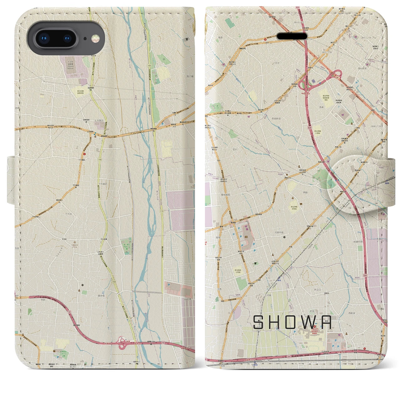 【昭和(山梨県)】地図柄iPhoneケース(手帳タイプ)ナチュラル・iPhone 8Plus /7Plus / 6sPlus / 6Plus 用