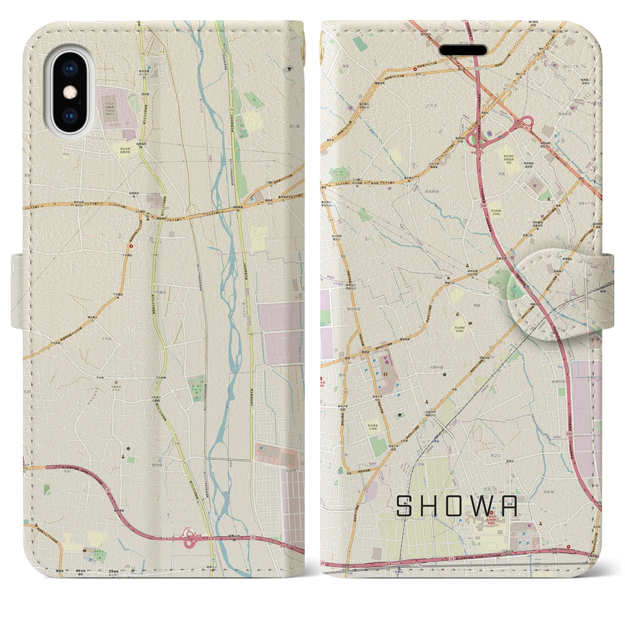 【昭和(山梨県)】地図柄iPhoneケース(手帳タイプ)ナチュラル・iPhone XS Max 用