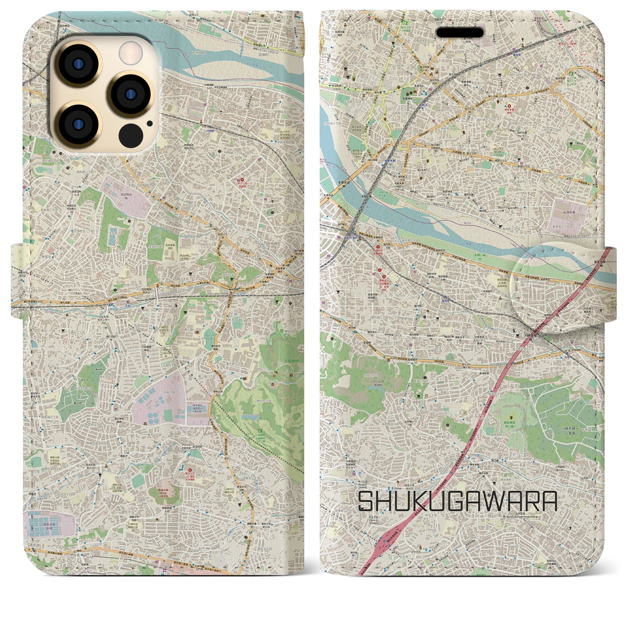 【宿河原(神奈川県)】地図柄iPhoneケース(手帳タイプ)ナチュラル・iPhone 12 Pro Max 用