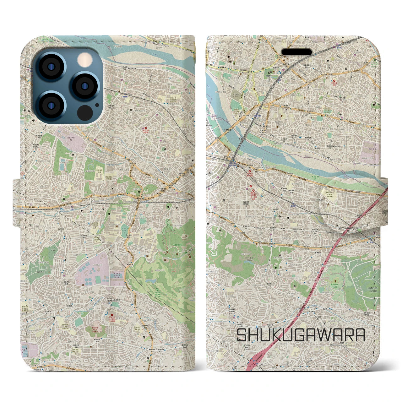 【宿河原(神奈川県)】地図柄iPhoneケース(手帳タイプ)ナチュラル・iPhone 12 / 12 Pro 用