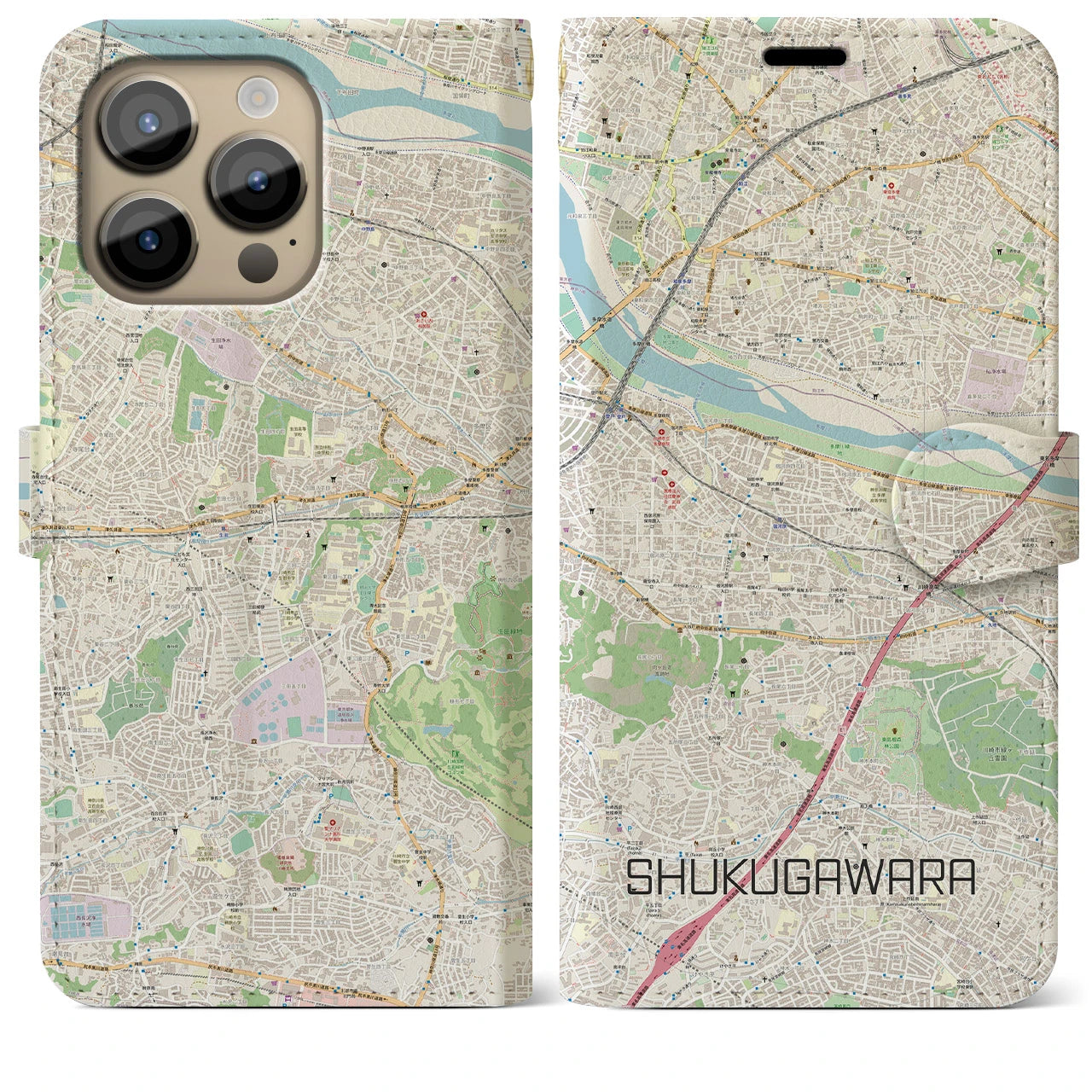 【宿河原(神奈川県)】地図柄iPhoneケース(手帳タイプ)ナチュラル・iPhone 14 Pro Max 用