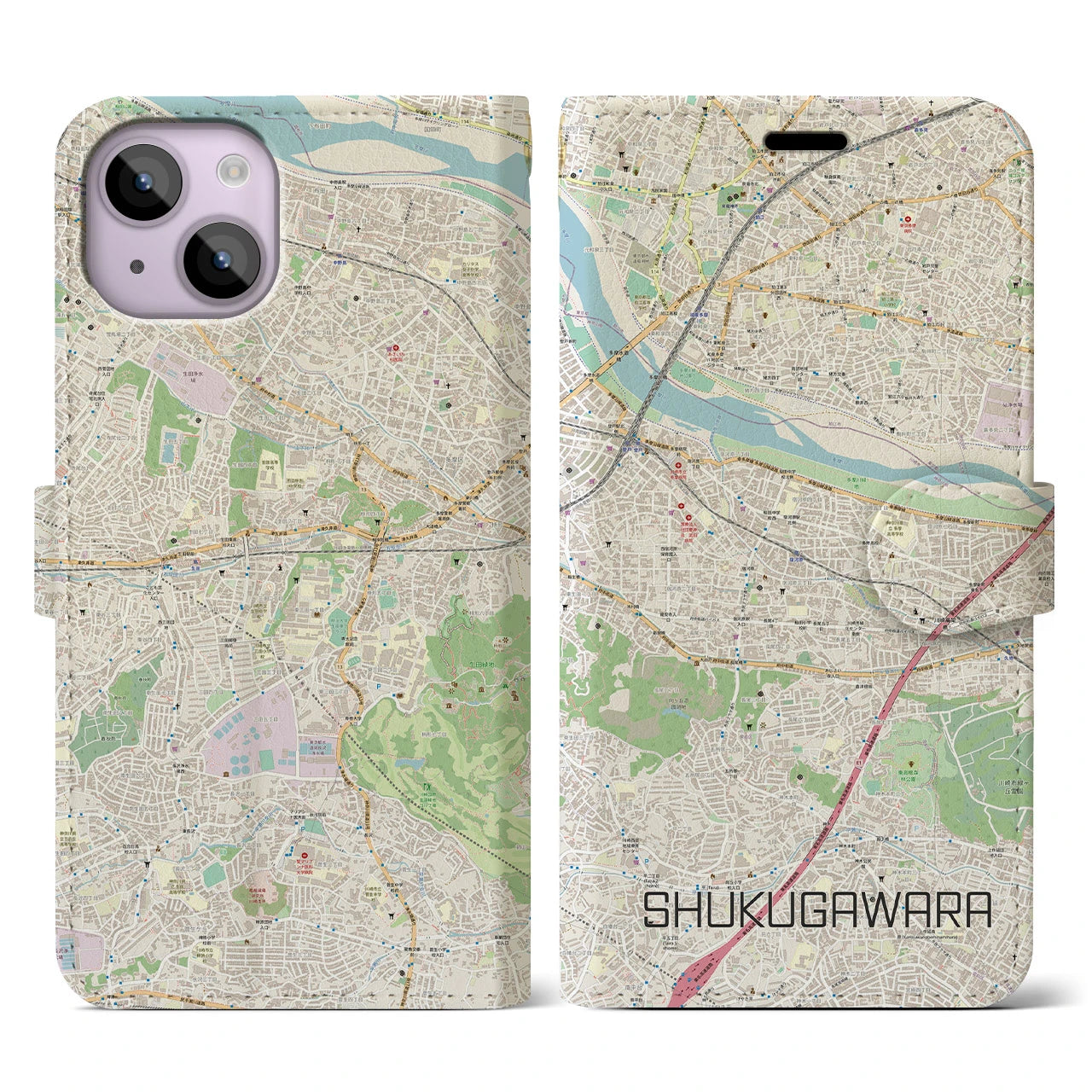 【宿河原(神奈川県)】地図柄iPhoneケース(手帳タイプ)ナチュラル・iPhone 14 用