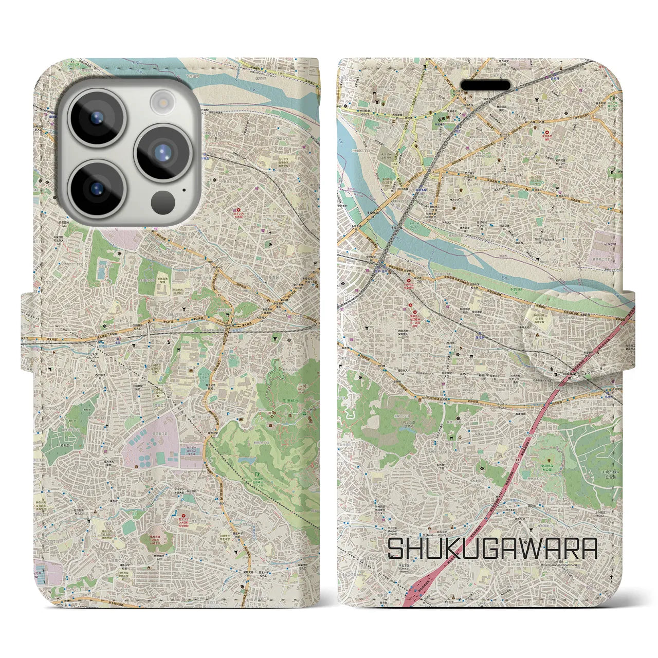 【宿河原(神奈川県)】地図柄iPhoneケース(手帳タイプ)ナチュラル・iPhone 15 Pro 用