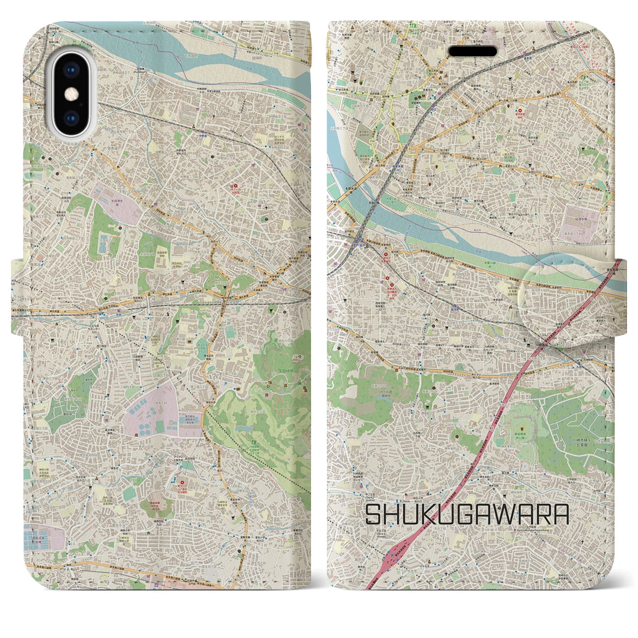 【宿河原(神奈川県)】地図柄iPhoneケース(手帳タイプ)ナチュラル・iPhone XS Max 用