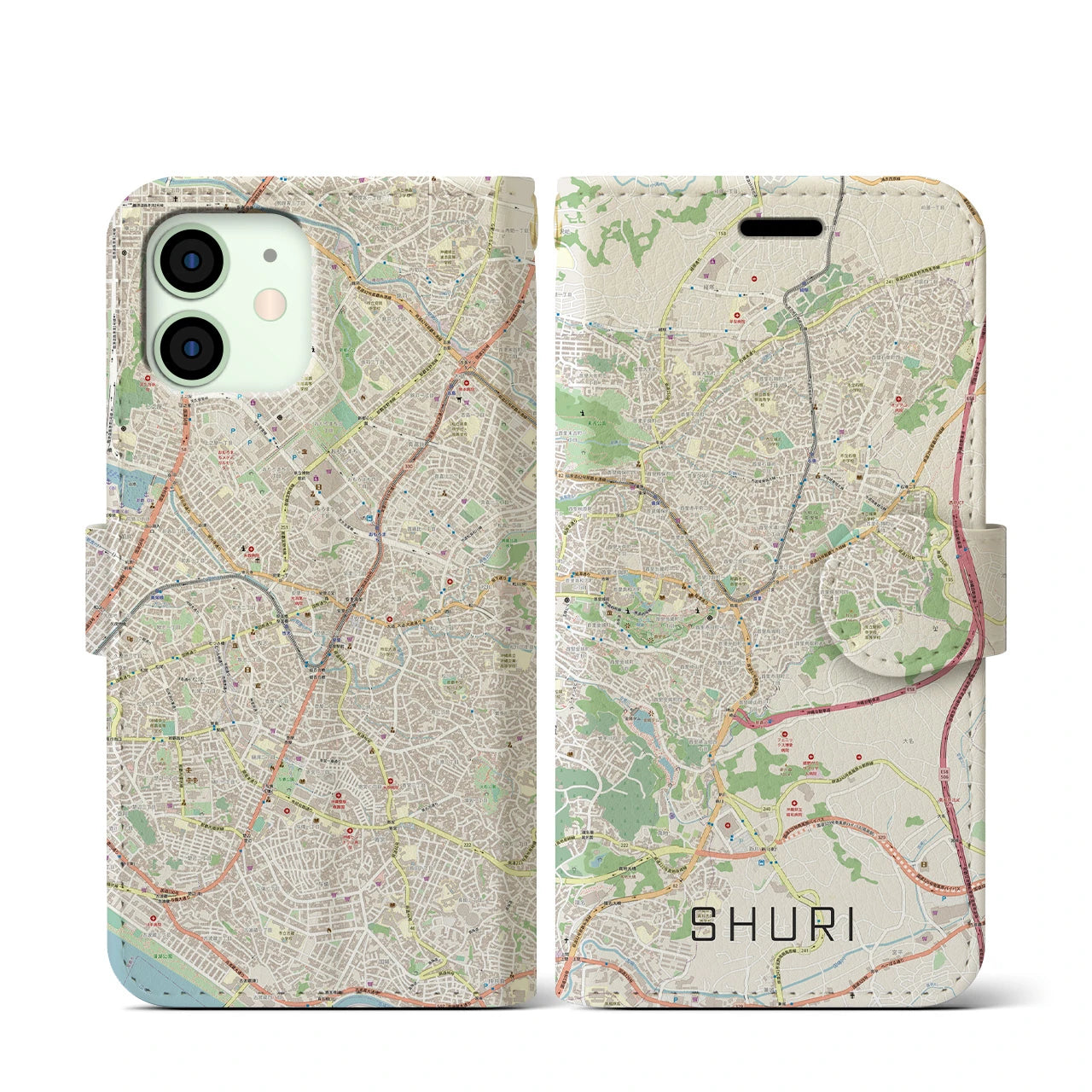 【首里(沖縄県)】地図柄iPhoneケース(手帳タイプ)ナチュラル・iPhone 12 mini 用