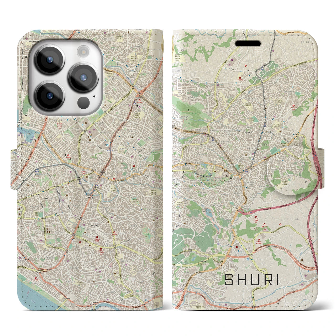 【首里(沖縄県)】地図柄iPhoneケース(手帳タイプ)ナチュラル・iPhone 14 Pro 用