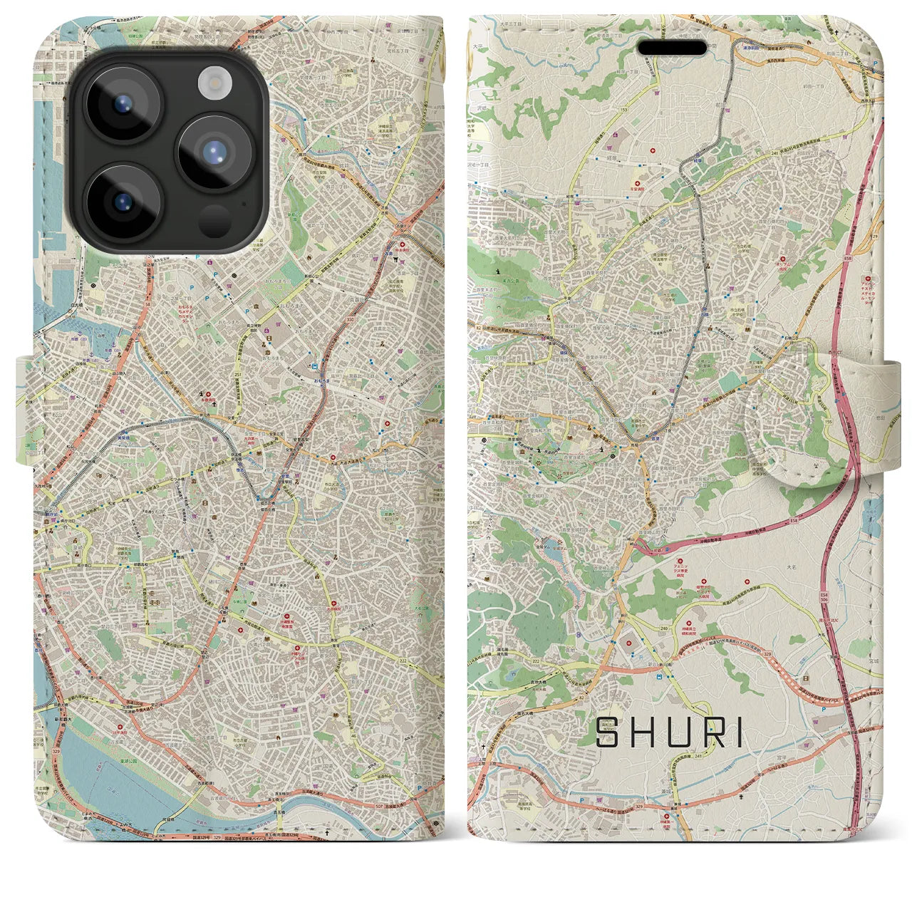 【首里(沖縄県)】地図柄iPhoneケース(手帳タイプ)ナチュラル・iPhone 15 Pro Max 用