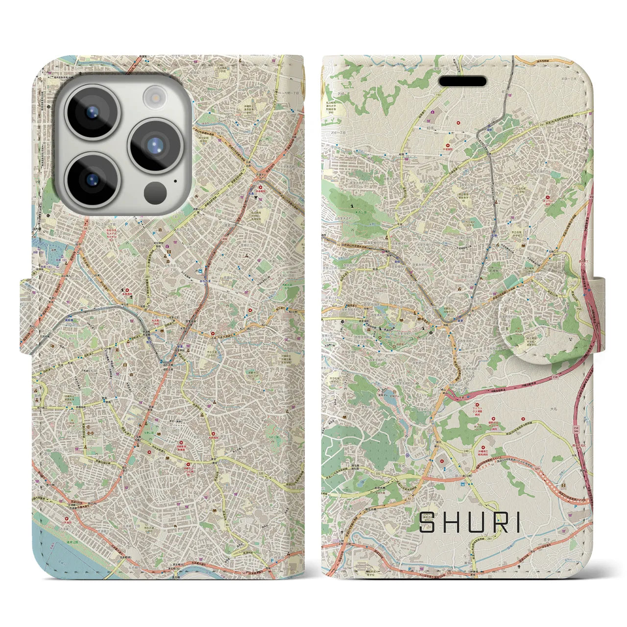 【首里(沖縄県)】地図柄iPhoneケース(手帳タイプ)ナチュラル・iPhone 15 Pro 用