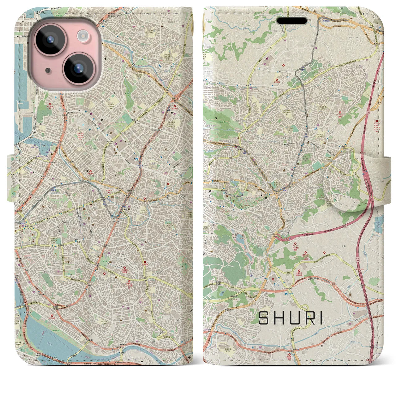 【首里(沖縄県)】地図柄iPhoneケース(手帳タイプ)ナチュラル・iPhone 15 Plus 用