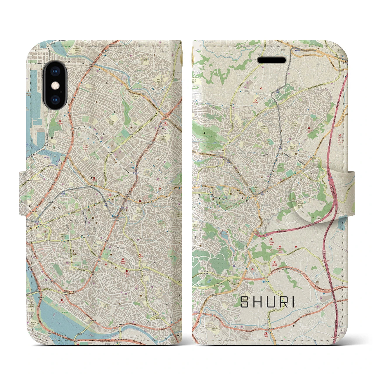 【首里(沖縄県)】地図柄iPhoneケース(手帳タイプ)ナチュラル・iPhone XS / X 用