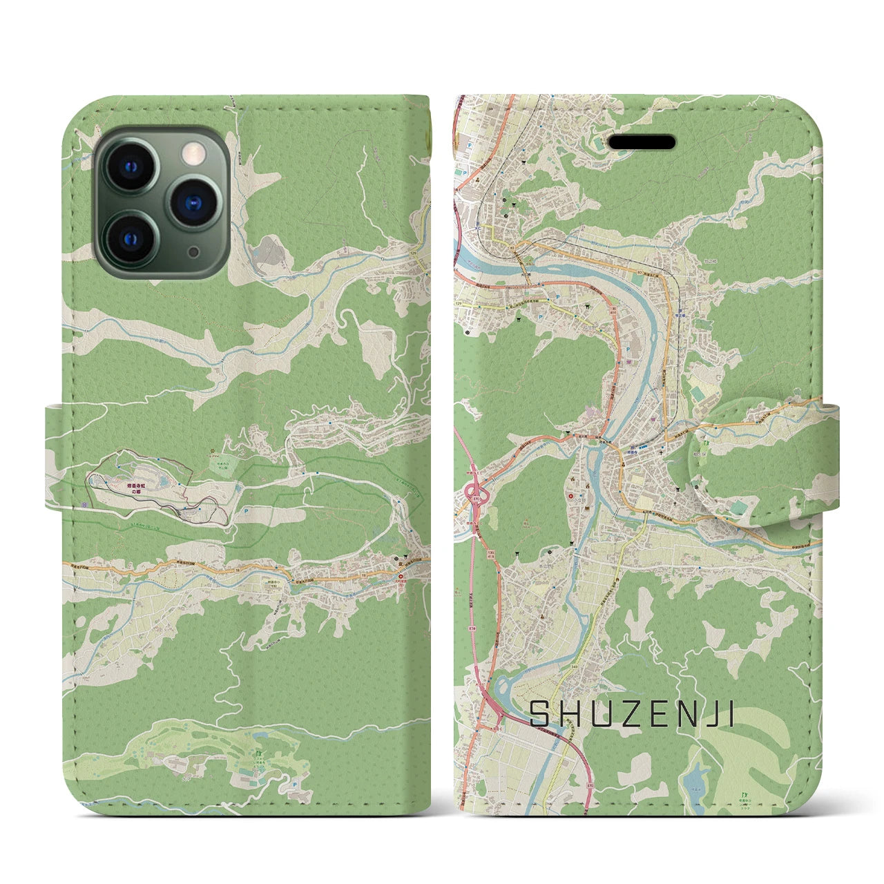 【修善寺(静岡県)】地図柄iPhoneケース(手帳タイプ)ナチュラル・iPhone 11 Pro 用