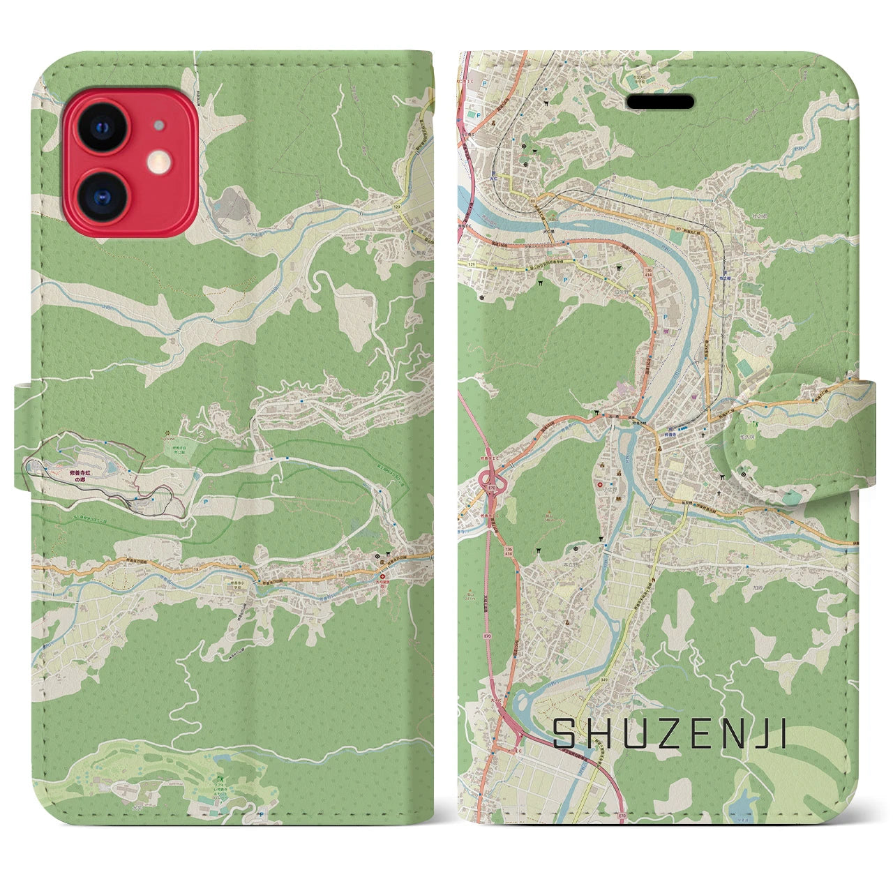 【修善寺(静岡県)】地図柄iPhoneケース(手帳タイプ)ナチュラル・iPhone 11 用