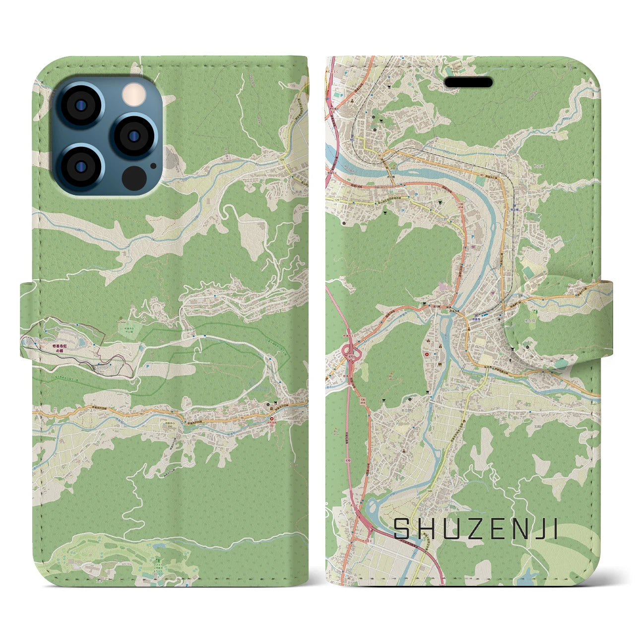 【修善寺(静岡県)】地図柄iPhoneケース(手帳タイプ)ナチュラル・iPhone 12 / 12 Pro 用
