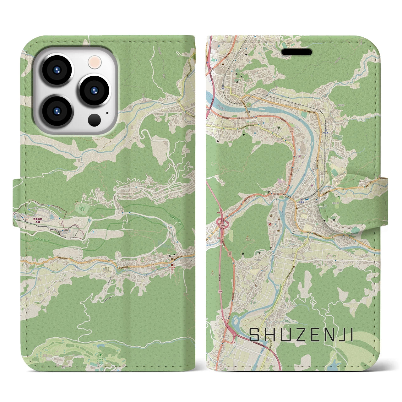 【修善寺(静岡県)】地図柄iPhoneケース(手帳タイプ)ナチュラル・iPhone 13 Pro 用