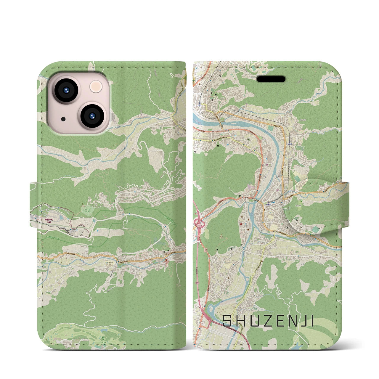 【修善寺(静岡県)】地図柄iPhoneケース(手帳タイプ)ナチュラル・iPhone 13 mini 用