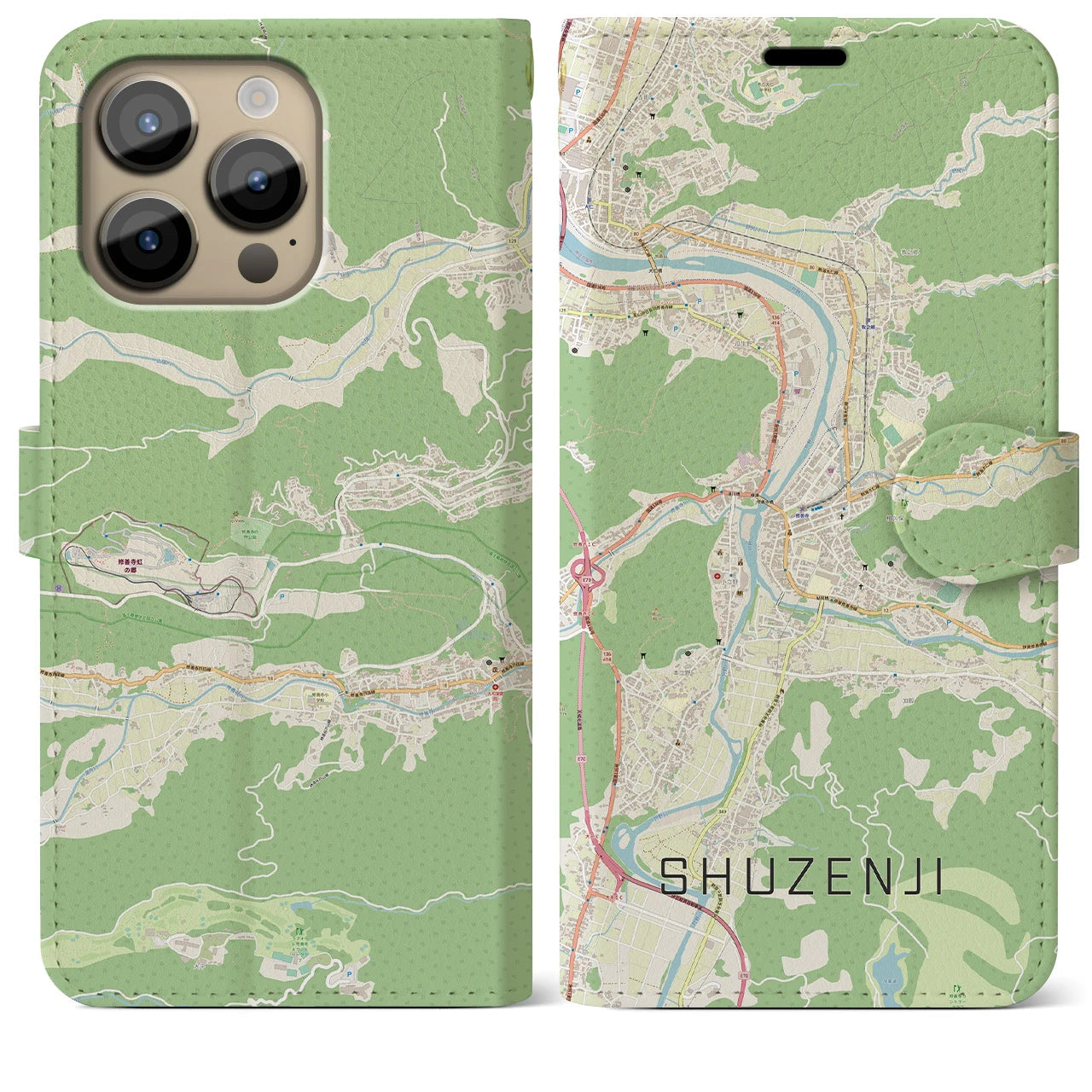 【修善寺(静岡県)】地図柄iPhoneケース(手帳タイプ)ナチュラル・iPhone 14 Pro Max 用
