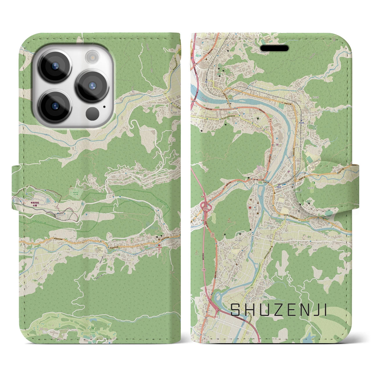 【修善寺(静岡県)】地図柄iPhoneケース(手帳タイプ)ナチュラル・iPhone 14 Pro 用