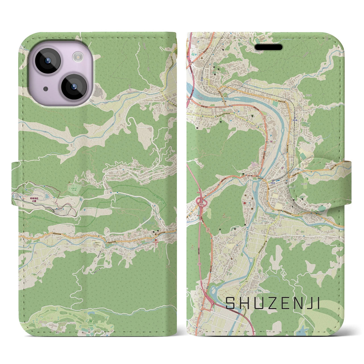 【修善寺(静岡県)】地図柄iPhoneケース(手帳タイプ)ナチュラル・iPhone 14 用