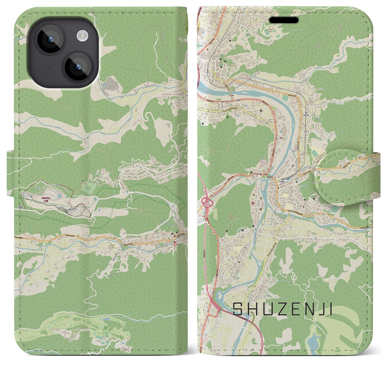 【修善寺(静岡県)】地図柄iPhoneケース(手帳タイプ)ナチュラル・iPhone 14 Plus 用