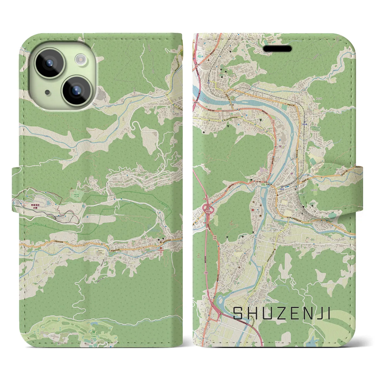 【修善寺(静岡県)】地図柄iPhoneケース(手帳タイプ)ナチュラル・iPhone 15 用