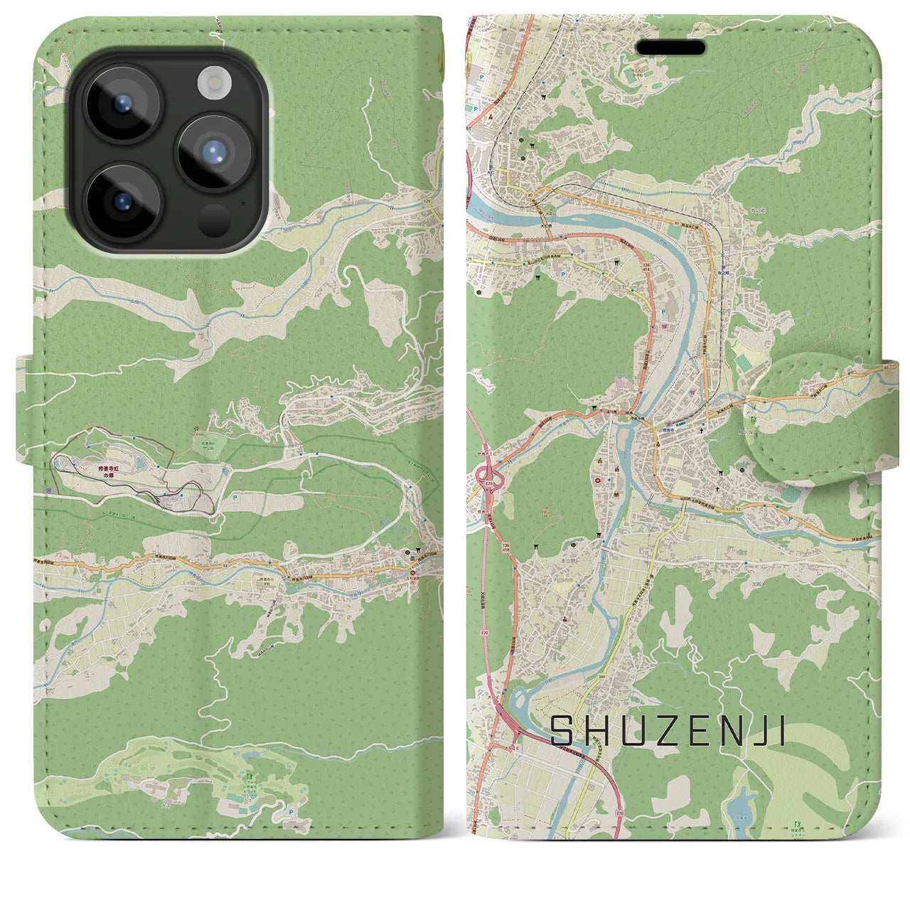 【修善寺(静岡県)】地図柄iPhoneケース(手帳タイプ)ナチュラル・iPhone 15 Pro Max 用