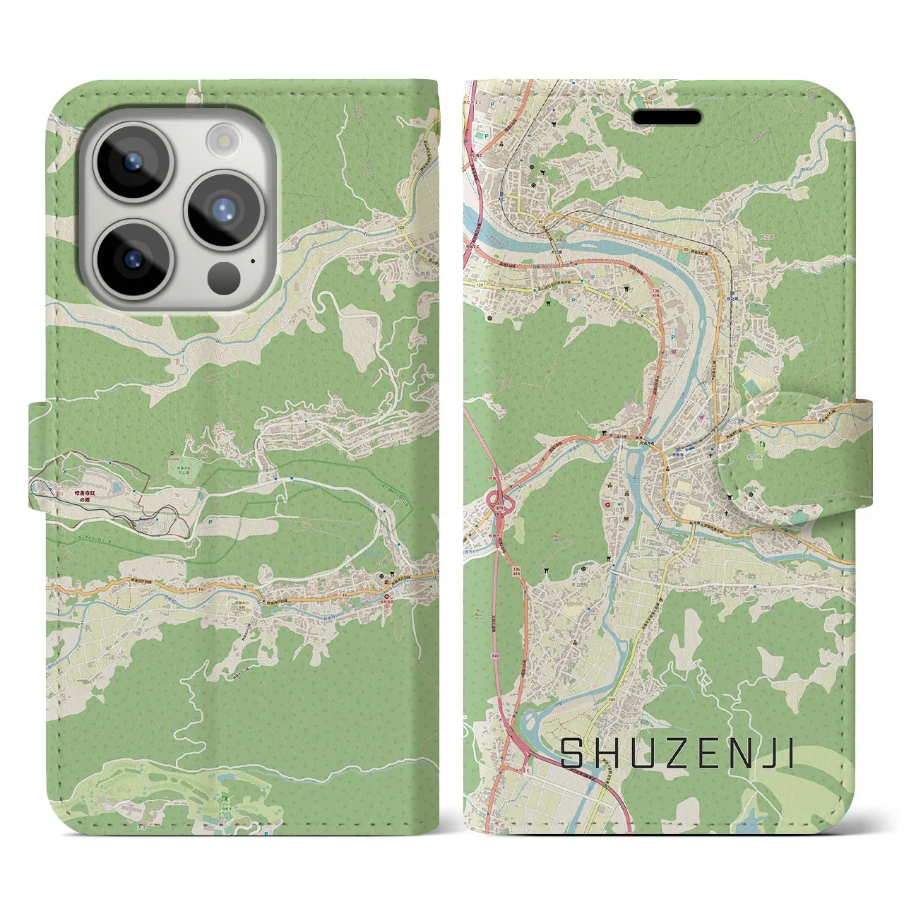 【修善寺(静岡県)】地図柄iPhoneケース(手帳タイプ)ナチュラル・iPhone 15 Pro 用