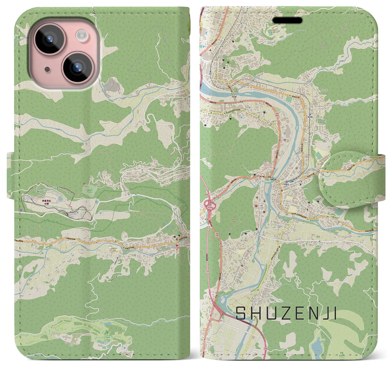 【修善寺(静岡県)】地図柄iPhoneケース(手帳タイプ)ナチュラル・iPhone 15 Plus 用