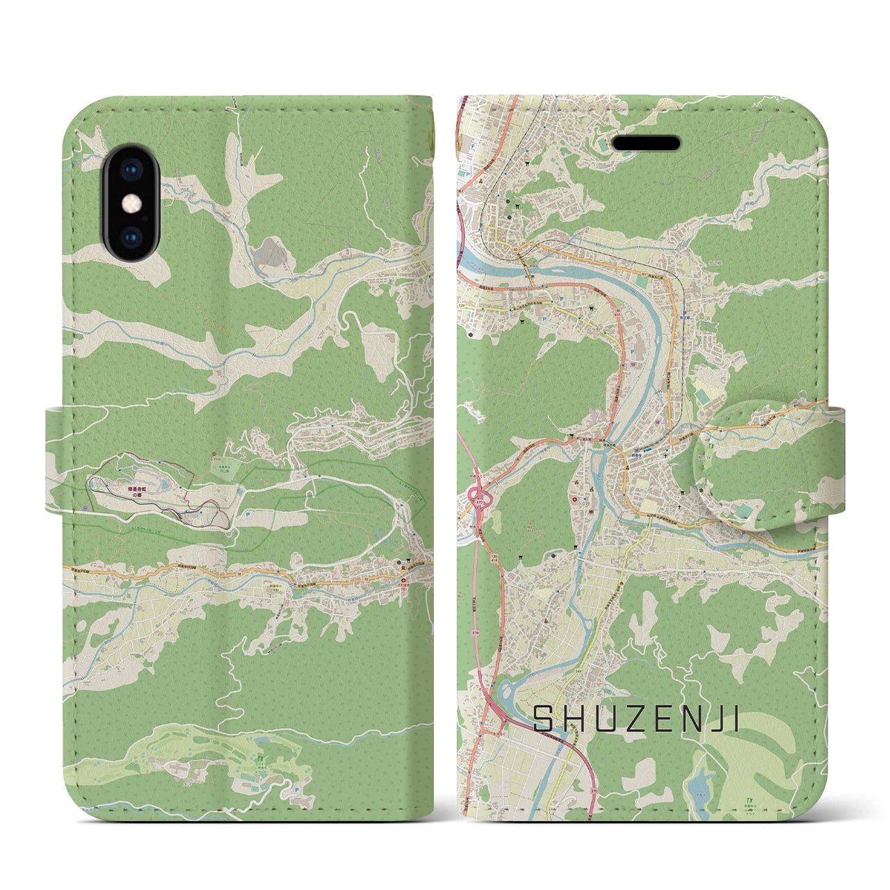 【修善寺(静岡県)】地図柄iPhoneケース(手帳タイプ)ナチュラル・iPhone XS / X 用